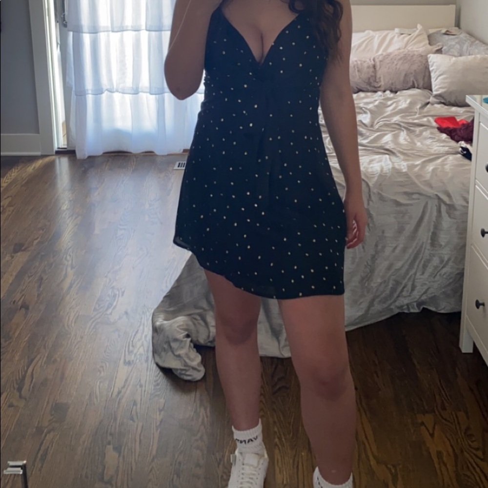 Black and gold flowy tie day dress